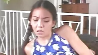 Skinny Brunette Learns How to Fuck by Taking His Huge Cock up Her Asian Booty