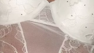 Close up of my Wife in white outfit and high heels starts to play before fucked with toy and squirts everywhere
