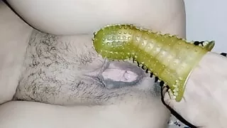 Biggest dotted condom hand fisting deep pussy hole