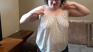 Sexy MILF Stripping off in Tight Shorts and Braless Top