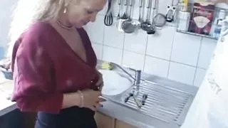 Hot milf in black lingerie kitchen fun