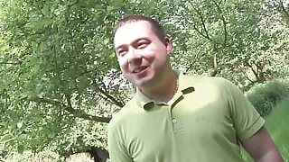 Tattooed milf with small tits gets spitroasted outdoors