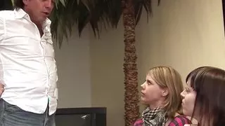 Sexy teens are blowing dude's hard dong