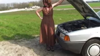 Big mature brunette in sexy outfit fucking outside