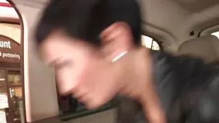 Brunette milf rammed in the back of a moving car