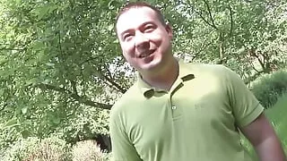 Tattooed brunette gets spitroasted at outdoor sex audition