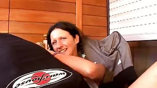 Brunette with small tits fucking on table