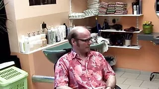 Blonde woman fucking dude on the stairs