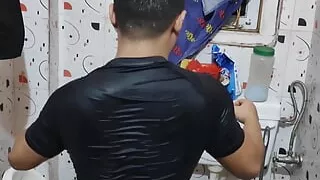 Twerk & jerk in shorts wet in bathroom asian guy booty ass shake masturbate in shorts.