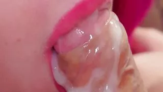 Sensual blowjob, pink lips, dripping cum