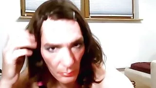 Sissy Whore Denise Humain Make Up is done but still hair struggle Sissy Slave Feminization Dress Up Training.