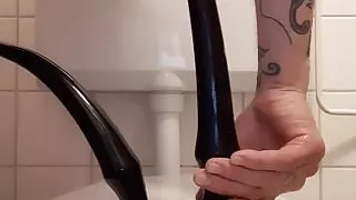 Playing with hollow plug two flexible dildo and a big thick dildo for milking prostate