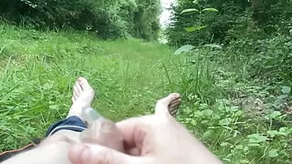 Public risky jerking in old condom filled with cum