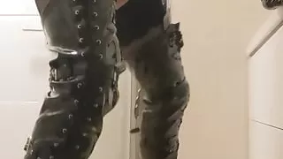 Latex gloves sliding up and down hard cock