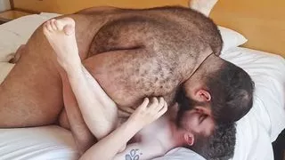 Hairy chubby guy fucks young hunk's ass and fills him with cum