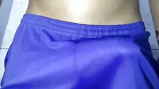 Young boy in shorts playing with his big thick shaved cock very hard horny