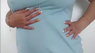 Striptease in Blue Dress While Playing with My Huge Pierced Tits