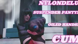 tulle suspender pantyhose-oiled handsfree cum