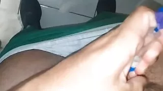 A pointed hose inserted inside the boy's cock.