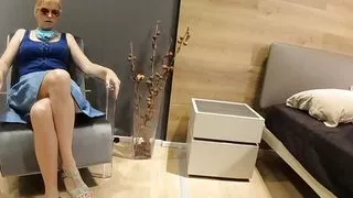 Crossed legs masturbation and orgasm in furniture store.