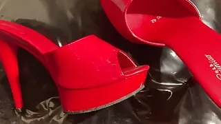 Cum on red mules to send them to heels lover