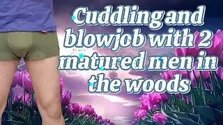 A young boy cuddling and blowjob outdoor encounter with two matured men in the woods