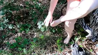 Labia slapping with hairbrush in the woods