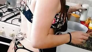 Big tits slut gets hot while cooking and masturbating with cucumber and carrot