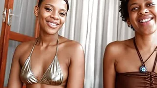 Two black pussy babes on one big white cock POV fucking rough!