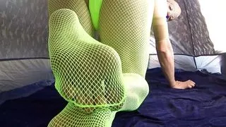 neon bodystocking tease in camp tent