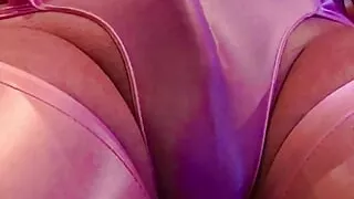 I rub my cock bulge in my pink silky shiny jumpsuit with my red satin gloves