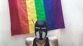 Young boy skinny twink fetishmodel pupplay fetish Bodysuit leather latex Dildo riding