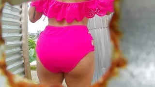 Woman Filmed in Outdoor Booth(BY CAMERA LENS)