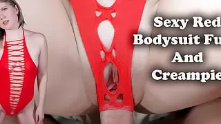 Sexy Red Bodysuit Fuck and Creampie