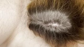 Big tits MILF ties up his one ball and jerks his cock with latex gloves.