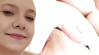 Teen with huge hanging tits fucks herself hard