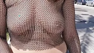 I flash my tits in a see-through blouse while walking around the city