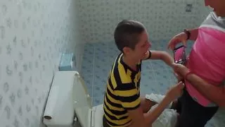 Cum inside me! Sex in public toilet and creampie