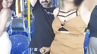 Naughty thigh hottie inside public transport and cums in her big ass