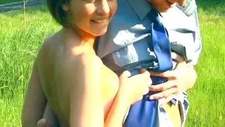 Horny German sluts sharing police officer's cock in nature