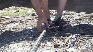 Cute trans with thong dress and sandals walks alone and hot very slut