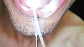Cum in my mouth, play with your cum, and swallow it, close-up, naughty gay, tongue, sloopy