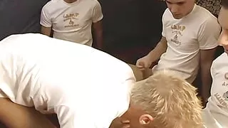 Four lustful lads draining their loads out during their camp