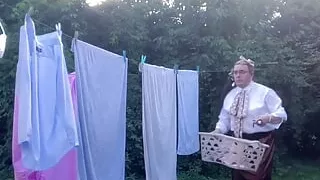 In outfit with a brown skirt to go my laundry outside