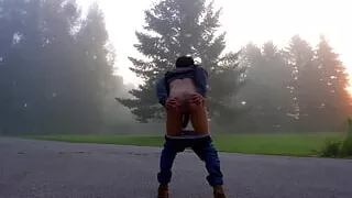 Shameless hot twink flaunting big dick and tight asshole in the middle of the road