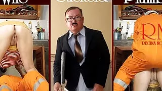 Cheating housewife, plumber and cuckold husband at the kitchen. Scene 2