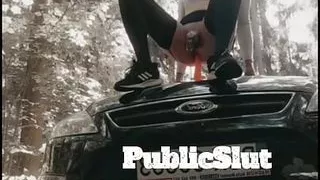 public slut Luna Green fuck her dildo on car and exposed herself