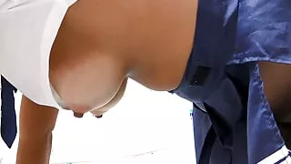 Tanned Japanese girl with big Boobs spilling out of her clothes and cleaning