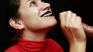CFNM - Red Turtleneck, Black Lips - Handjob + Cum Mouthful + Cum on Clothes