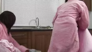 Two Brunette Servants in Lingerie Satisfy Their Blonde Lesbian Lady Boss by Making Her Cum